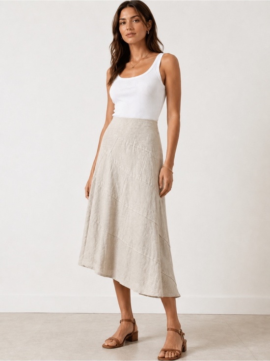Sandro Dresses & Skirts - Sandro Sportswear Linen Asymmetrical Tiered A-line Midi Full Skirt Size 12 Tan